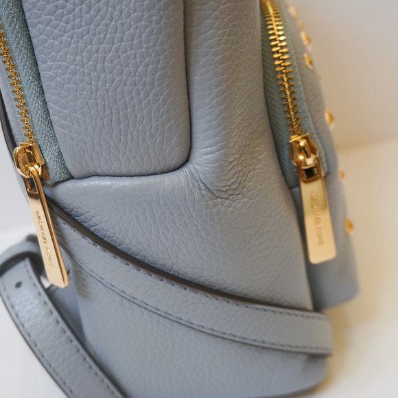 Michael Kors Erin Medium Backpack Pebbled Leather Pale Blue Gold Toned Studded - Picture 10 of 11